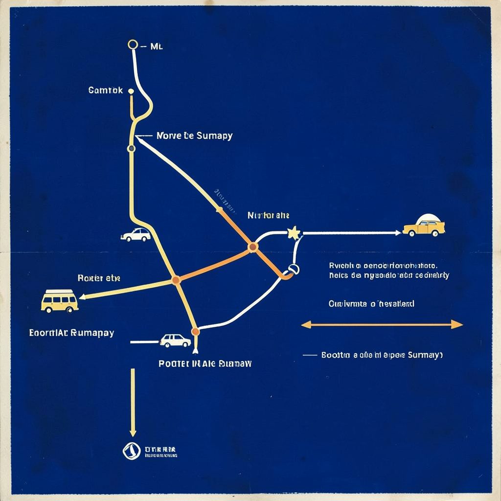 A matte gouache poster painting of layered route lines crossing a stylized London street map, painted in warm terracotta orange, soft cream and deep navy with an earthy travel mood.